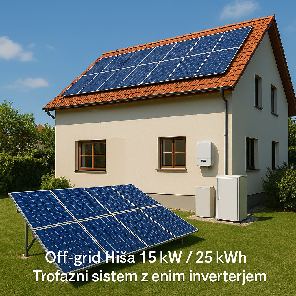 Off-grid hiša 15kW / 30kWh – trofazni sistem z enim inverterjem
